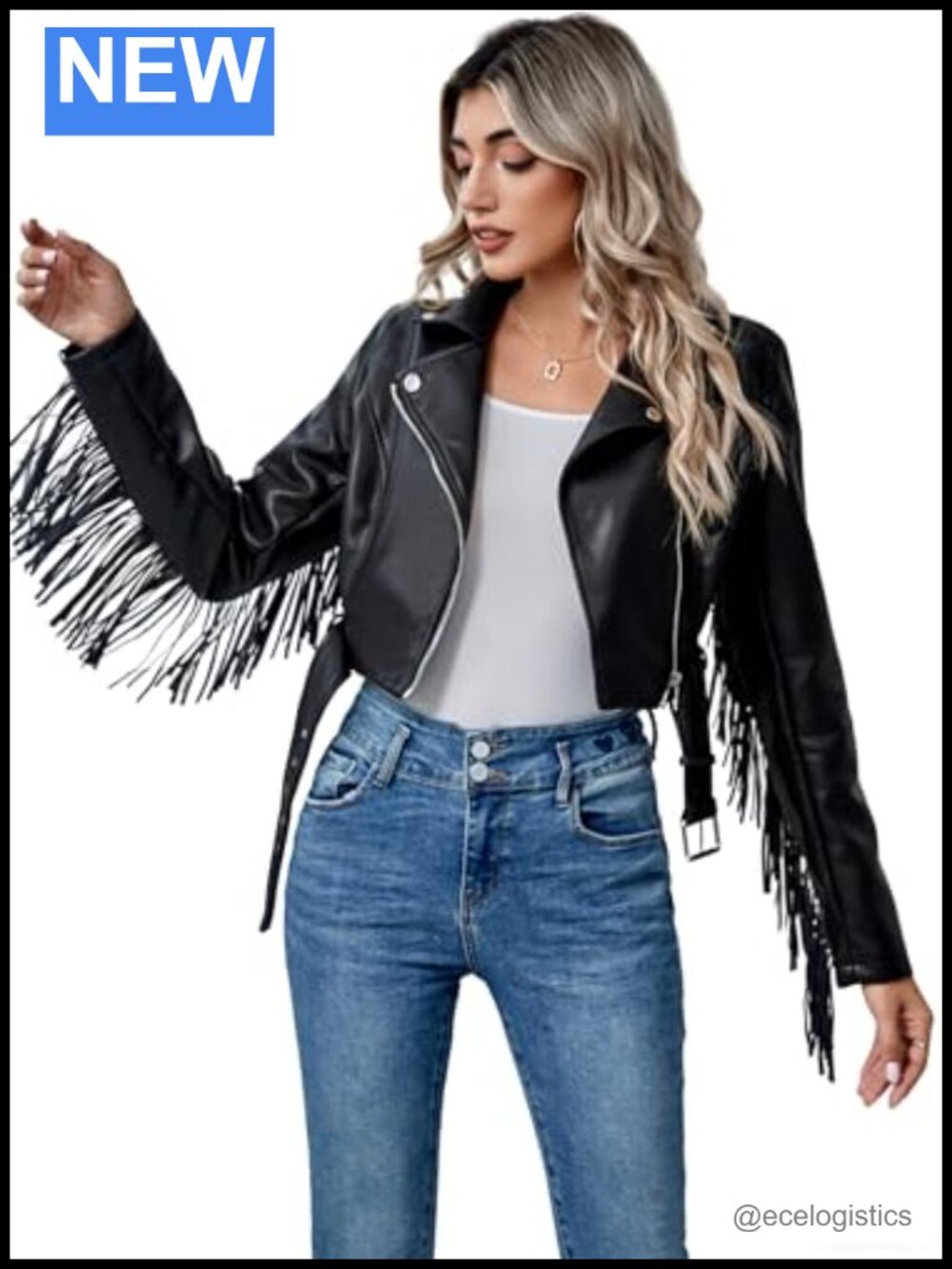 Faux Leather Moto Jacket with Belted Tassel Trim Women